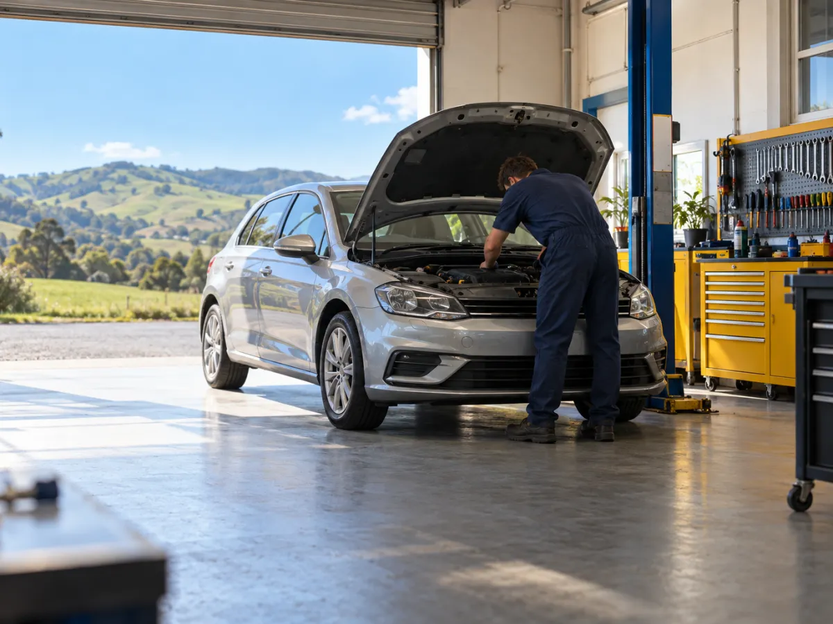 Mechanic checking the engine of a silver hatchback in a sunlit car repair workshop